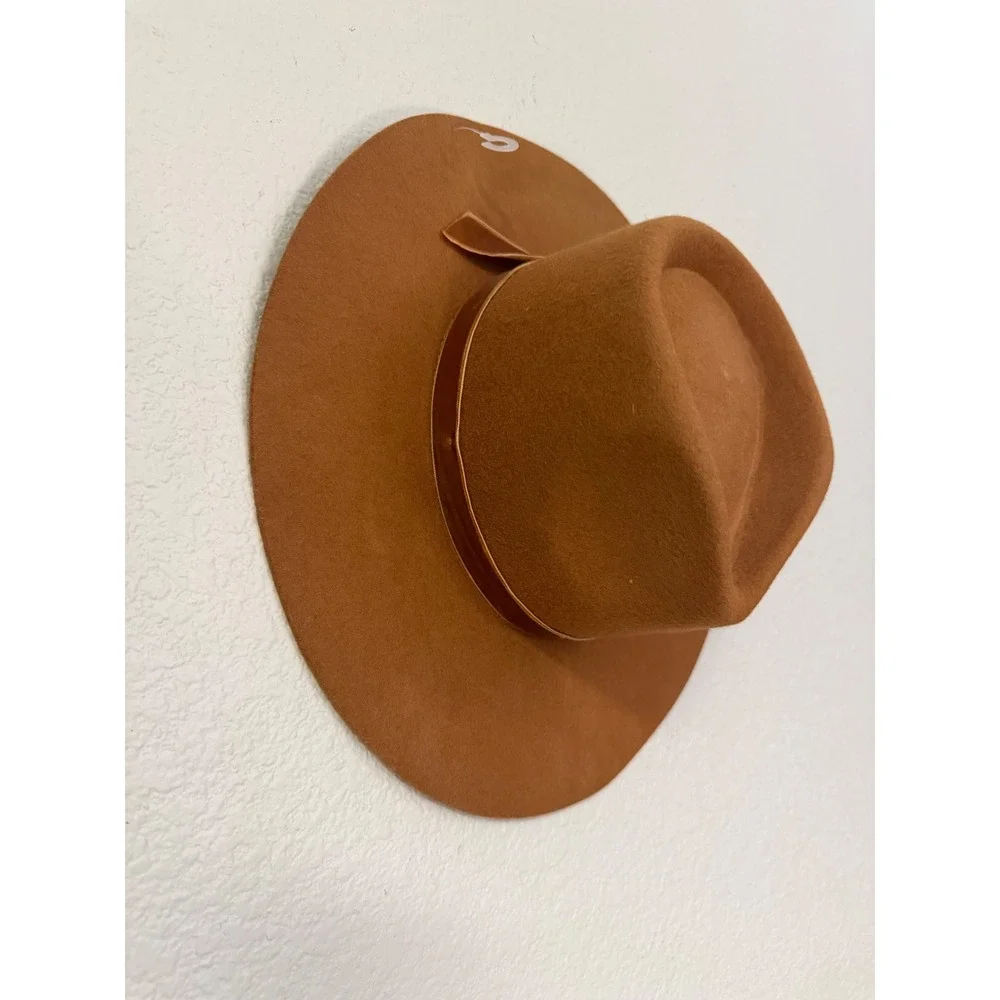 Rylee + Cru Youth Wide Brim Wool Fedora Hat Camel Brown Velvet Ribbon